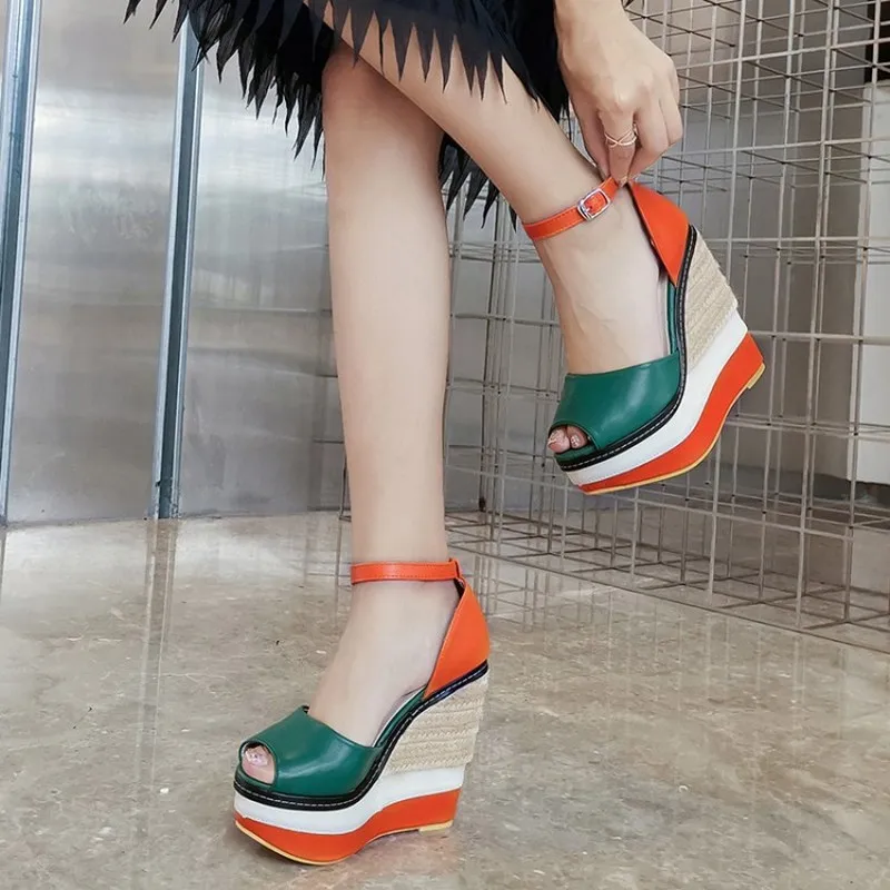 

Hot Sale Womens Peep Toe Platform Wedge Super High Heel Rainbow Colors Ankle Buckle Shoes Pumps Match-color New Fashion D960