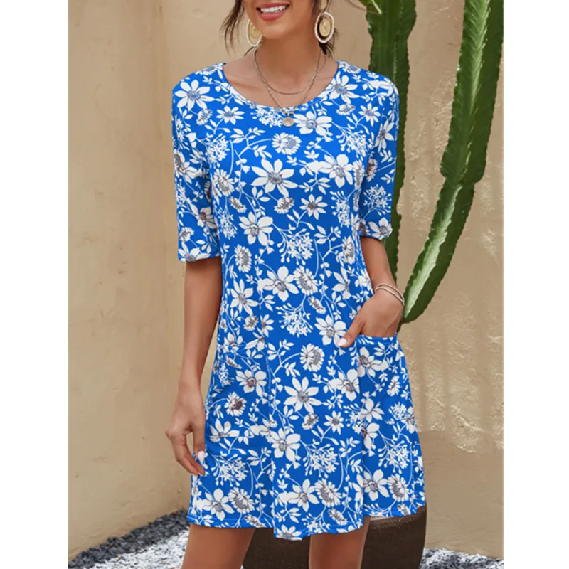 

Lossky Summer Women Elegant Floral Print Dresses 2021 Casual Short Sleeve O-Neck Pocket Mini Ladies Dress Sundress Plus Size 5XL