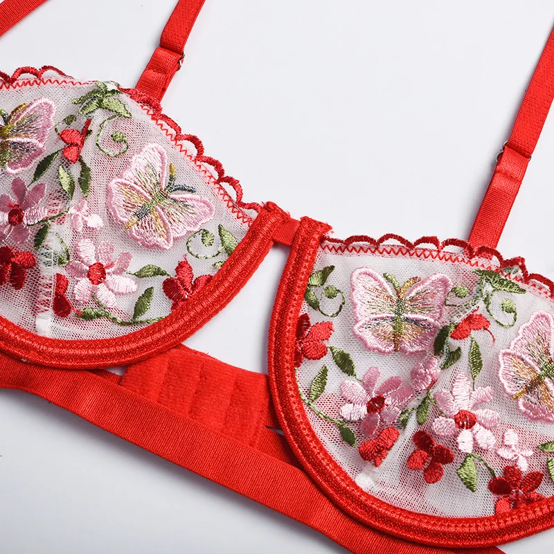 

2-Piece Floral Embroidery Bra Set Women Unlined Bra Underwire + Panty Red Underwear Set 2021 Ladies Sexy Lingerie Set