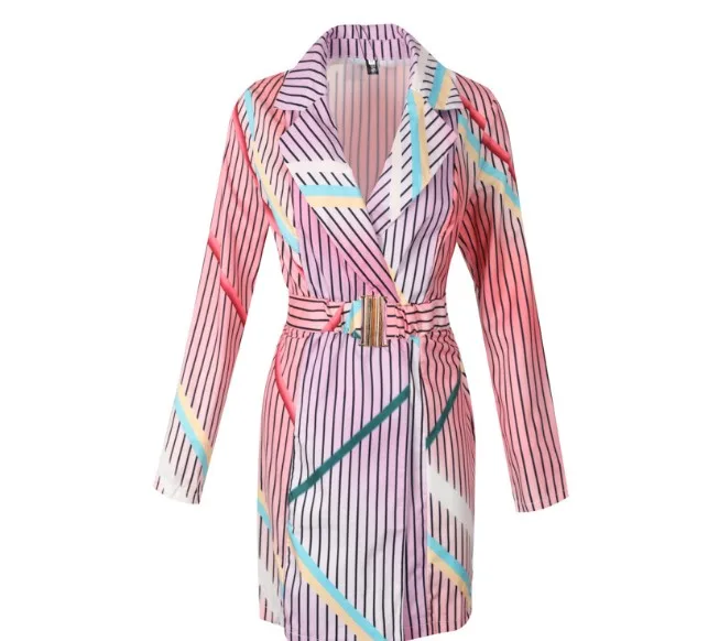 

Cultiseed WomenCoat Dress 2020 New Fashion European Female Color Striped Long Sleeve Dresses Ladies Sexy Short Dress with Belt