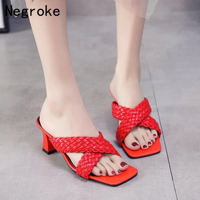

NEW Sexy PU Weave Square Head Peep Toe High Heel Slippers Summer Fashion Slip On 6.5CM Heels Slides Party Women Mules Size 44