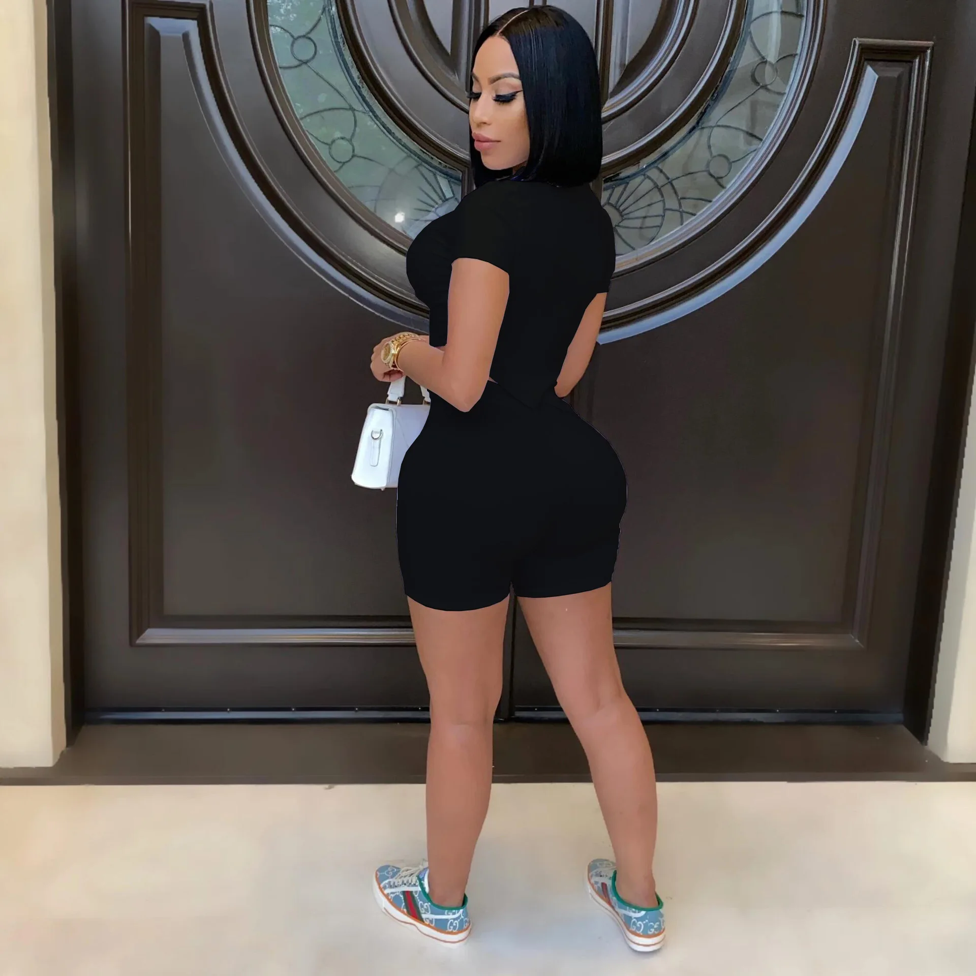 

2021 Sexy Women Beachwear Two Piece Club Outfits Summer Short Sleeve Ruched Irregular T-shirt and Biker Shorts Co-ord Tracksuit