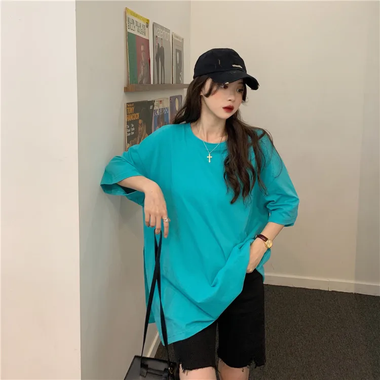 

XZ337 Korean version of loose round neck solid color wild side slit short-sleeved mid-length T-shirt