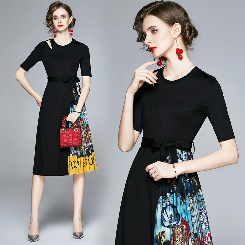 

Summer New Women's Roman Panel Printed Short-Sleeve Pleated Dress with Belt