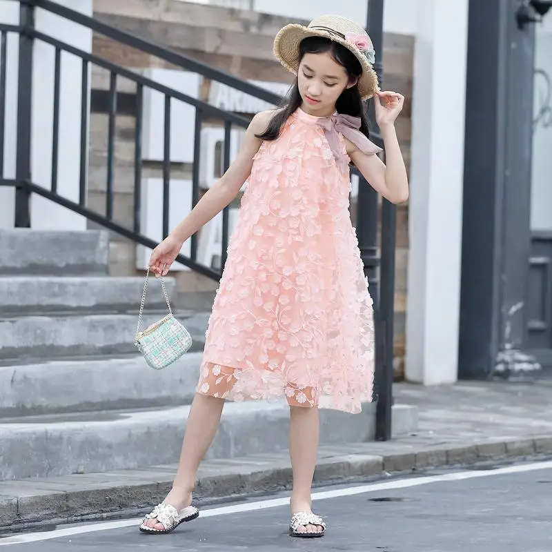 

Flower girl dress summer lace mid-school kids halter strapless three-dimensional embroidery children's clothing