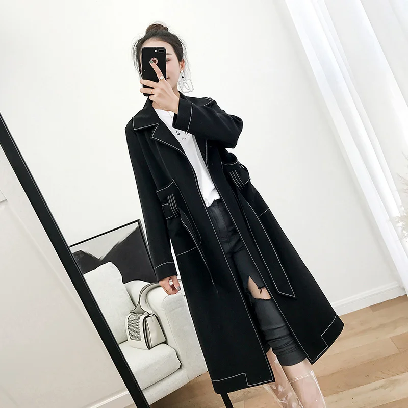 

Black windbreaker women's middle and long style 2021 early autumn Korean version new style waist closing slim fashion over knee