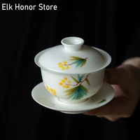 110ml pure hand painted loquat art tea tureen white porcelain kung fu tea hand grasping bowl tea maker ceramic gaiwan with cover