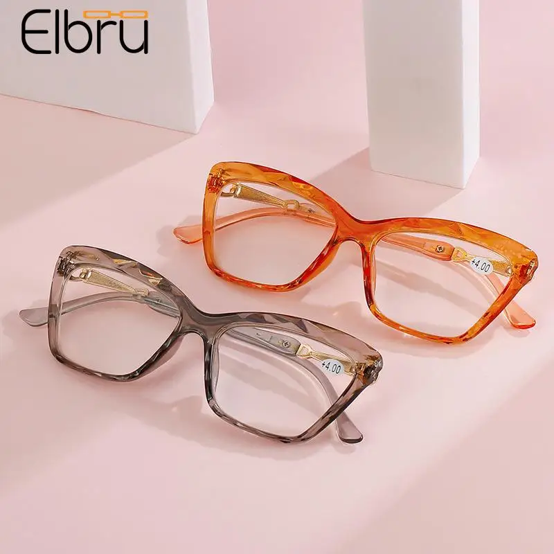 

Elbru Transparent Diamond Trimming Fashion Reading Glasses Cat's Eye Frame High Definition Presbyopic Glasses +1.0 to +4.0