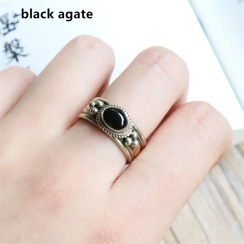 Black agate Винтажные металлические кольца для девочек, медные инкрустированные мульти бусы, золотые кольца R131 - Цвет основного камня: Black agate