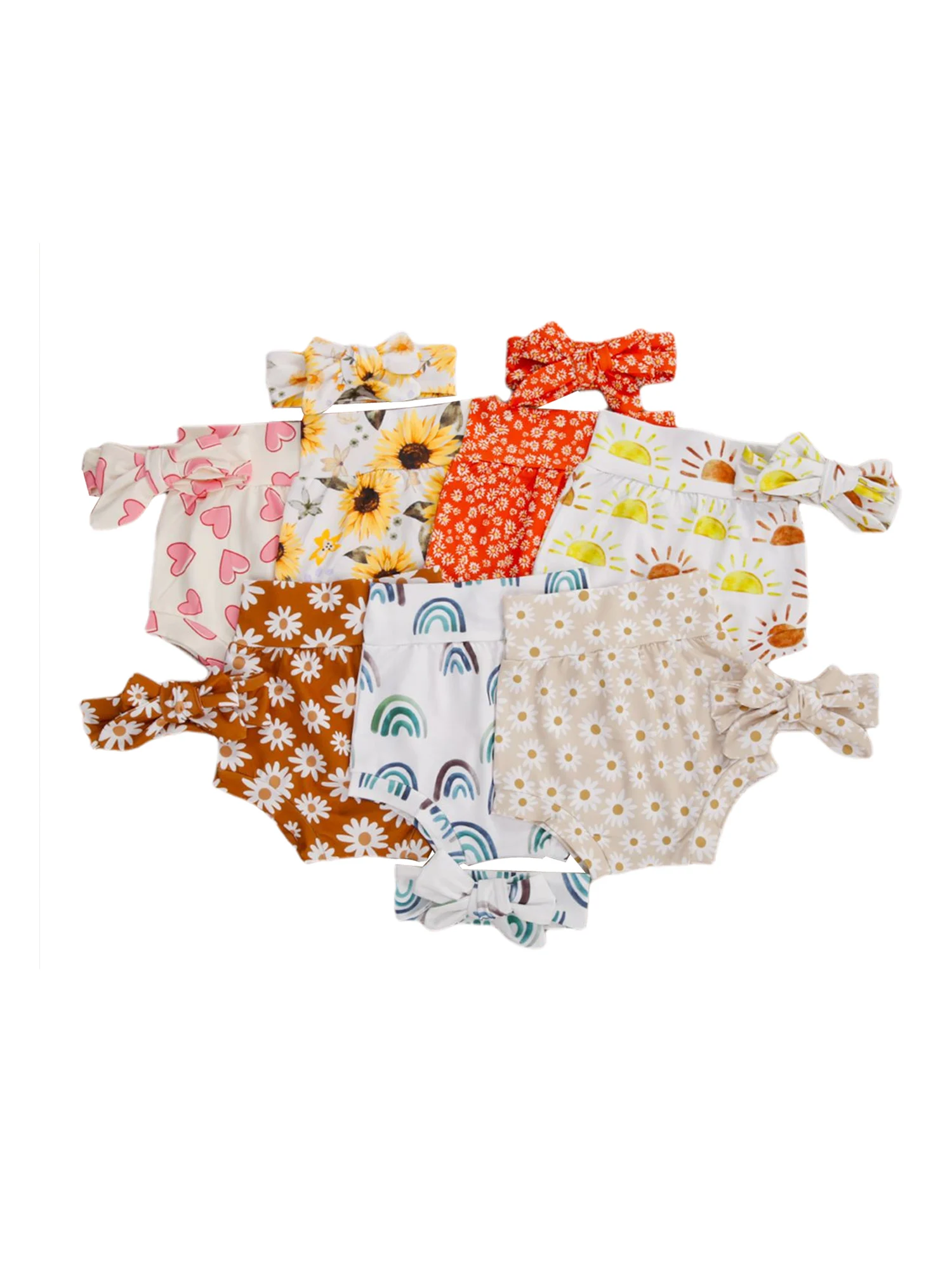 

Infant Kids Baby Girl Shorts Summer Bottoms Breathable Elastic High Waist Heart Floral Flower Printed With Headband Clothes