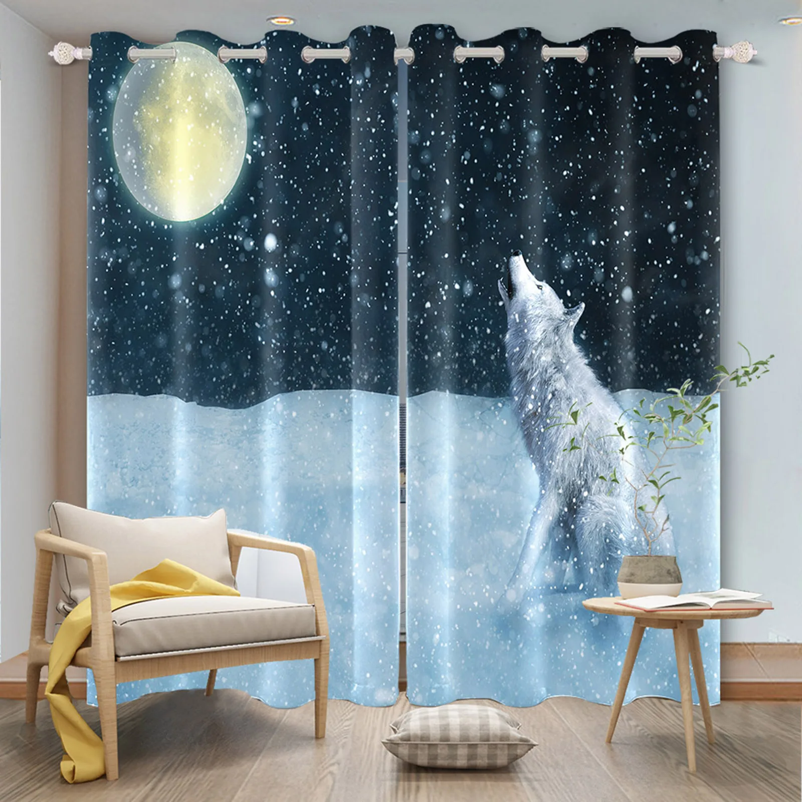 

Lifelike Animal Howling Wolf Pattern Printed Curtains Night Snow Scenery Living Room Bedroom Curtains Blackout Polyester Drapes