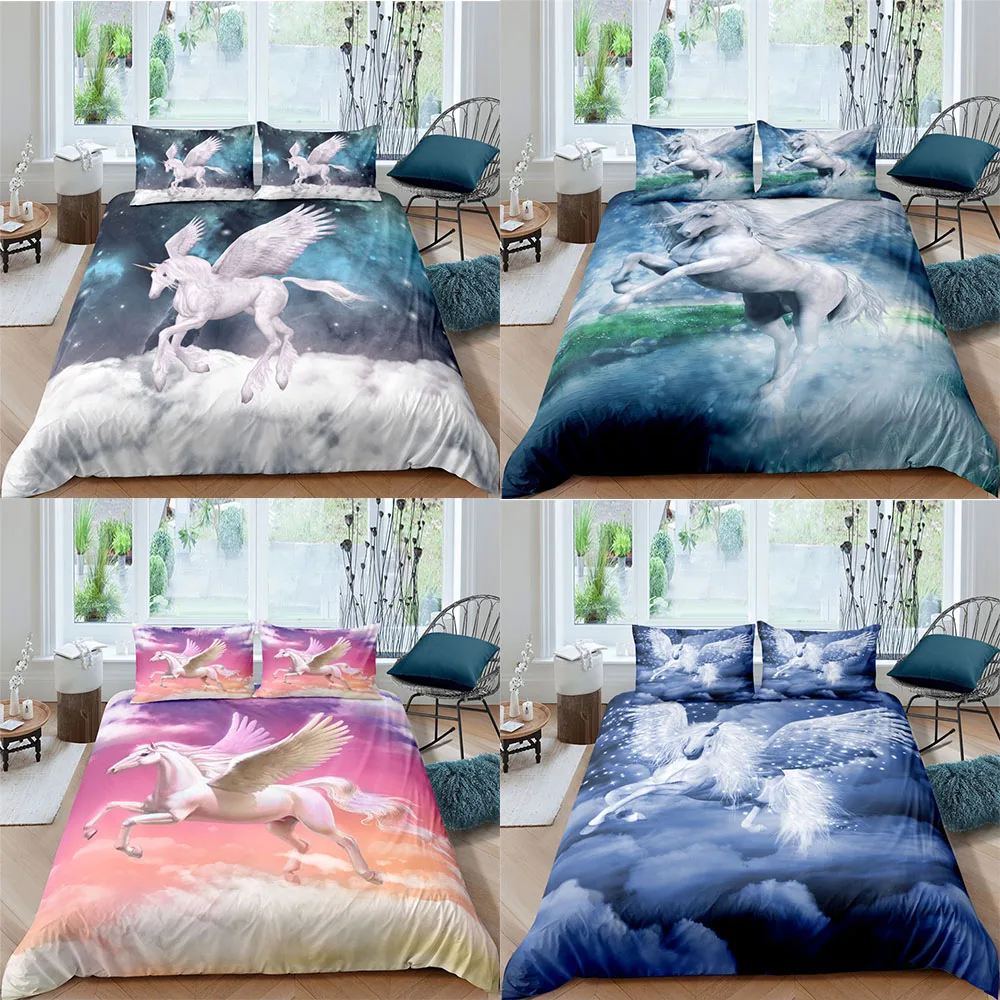 

Lovely Unicorn Horse Pattern Bedding Set Queen King Size Kids Cartoon Duvet Cover Comforter Bed Cover Set Bedclothes Quilt Cover