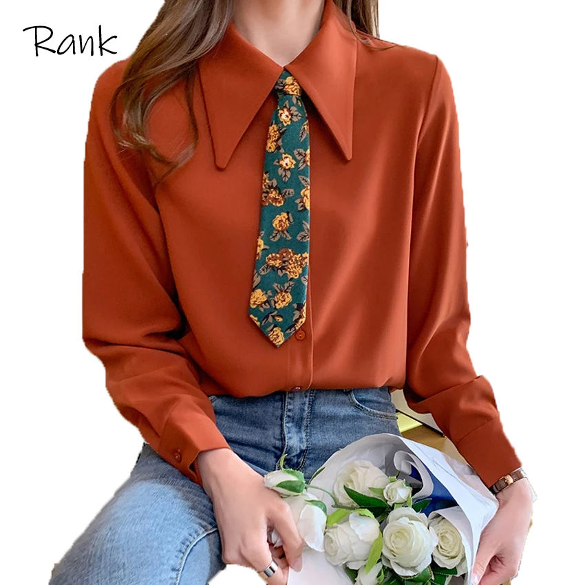 

Rank Fashion New Solid Color Blouse 2021 Early Spring New Big Lapel Retro Palace Style Color Color Tie Long Sleeve Chiffon Shirt