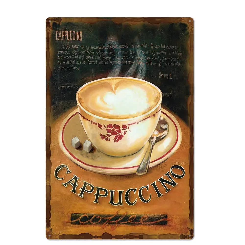 

Оригинальный ретро дизайн капучино кофе жестяные металлические знаки настенное искусство | Толстая жестяная печать постер настенное украш...