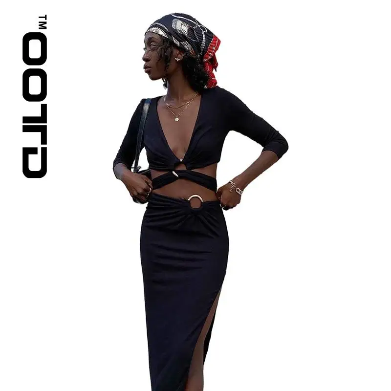 

OOTD Fall 2021 New Fashion Women's Fashion Long-sleeved Sexy Low-cut Shirts Cultivate One's Morality Split Skirts Suits