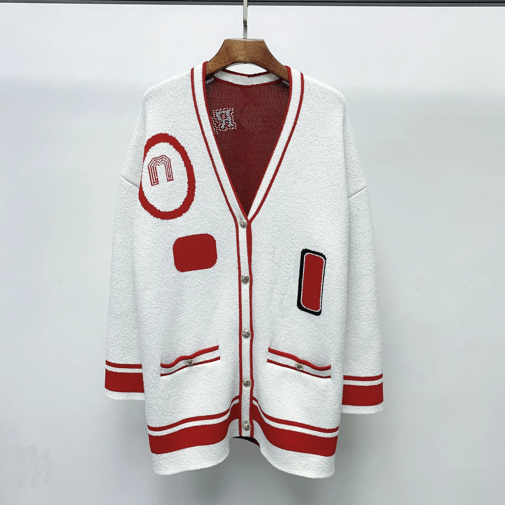 

Spring summer 2020 V-neck college style contrast color embroidery letter loose wool knitted cardigan coat