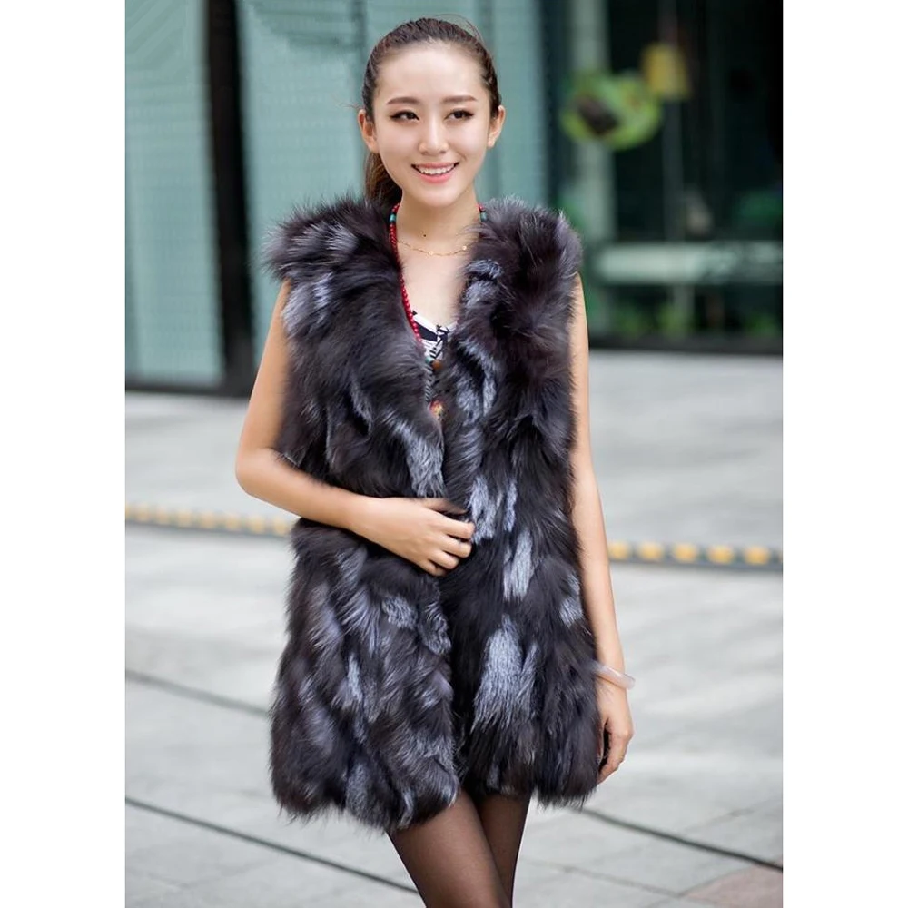 2020 Hot Autumn Winter Women Real Sliver Fox Fur Vest Long Style Warm Genuine Gilet Waistcoat | Женская одежда