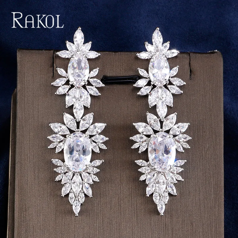 Женские винтажные серьги с фианитом RAKOL большие роскошные для свадебной