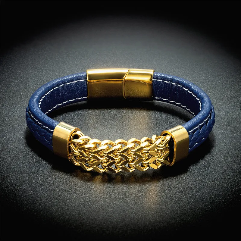 

2021 New Men's Vintage Style Leather Bracelet Gold Black Stainless Steel Chain Bracelets & Bangles for Men Jewelry 19/21/23cm