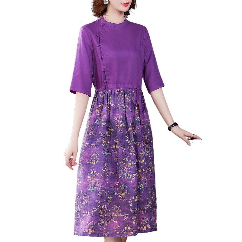 

Chinese style dress for women long summer new mid sleeved dress ladies printing fashion dress purple cotton hemp elegance Spring