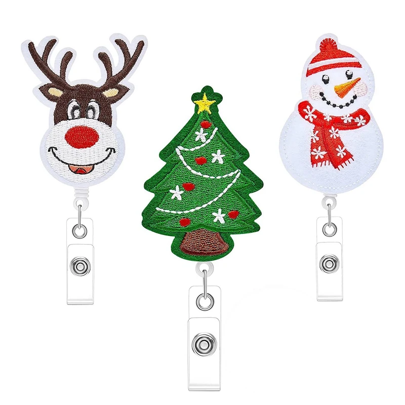 

3PCS Badge Holder Retractable Cute Christmas Tree Snowman Elk Badge Clip For Nurse Staff Member ID Name Tag Card