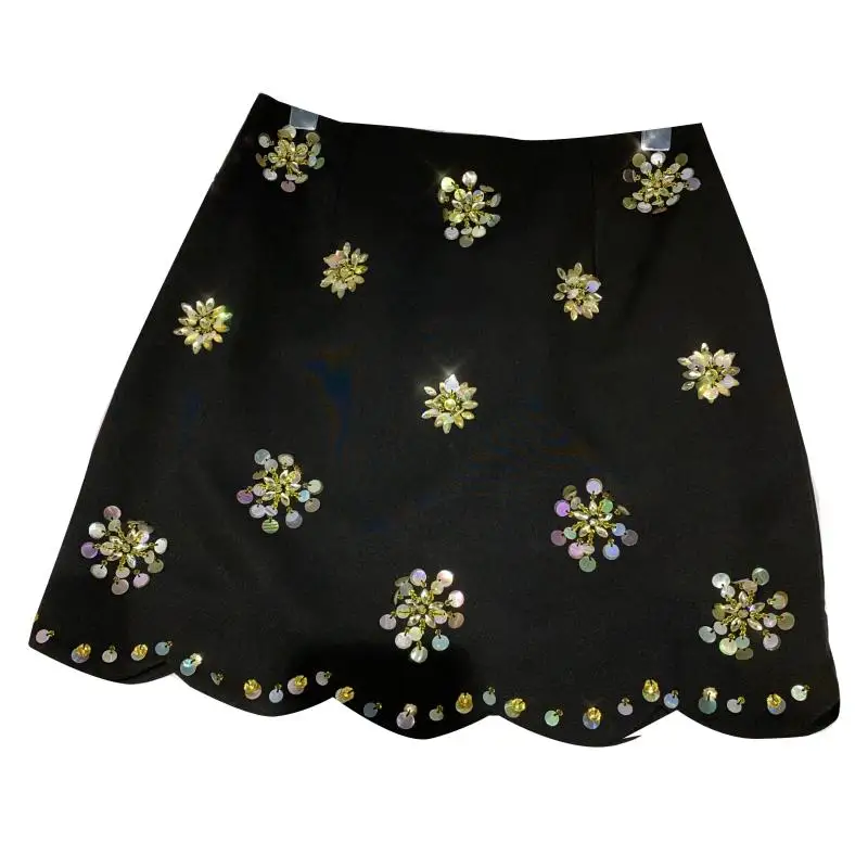 

2021 Summer New Handmade Diamond Flower Nail Bead Sequin Hem Wave Skirts