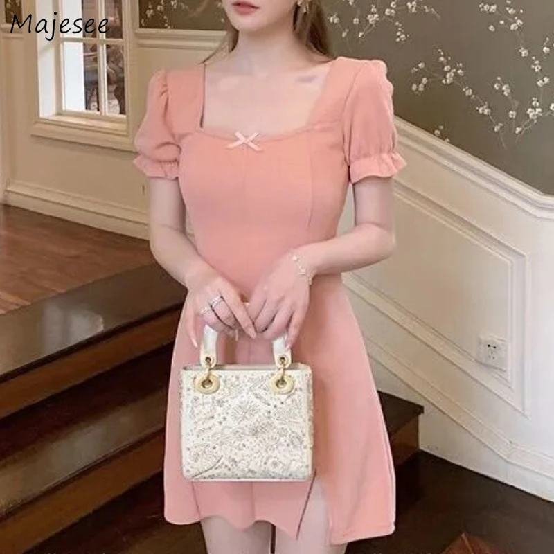 

Dress Women Sweet Mini Slim Elegant Summer Princess Puff Sleeve Bow French Style Empire Square Collar Retro Fashion Girl Vestido