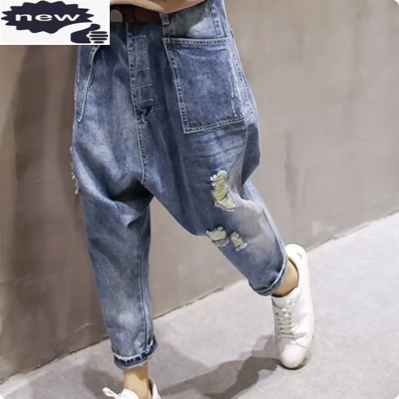 Autumn New Arrival Womens BF Style Drop-crotch Harem Denim Cowboy Carpenter Hole Ripped Jeans Loose Fit Long Pants