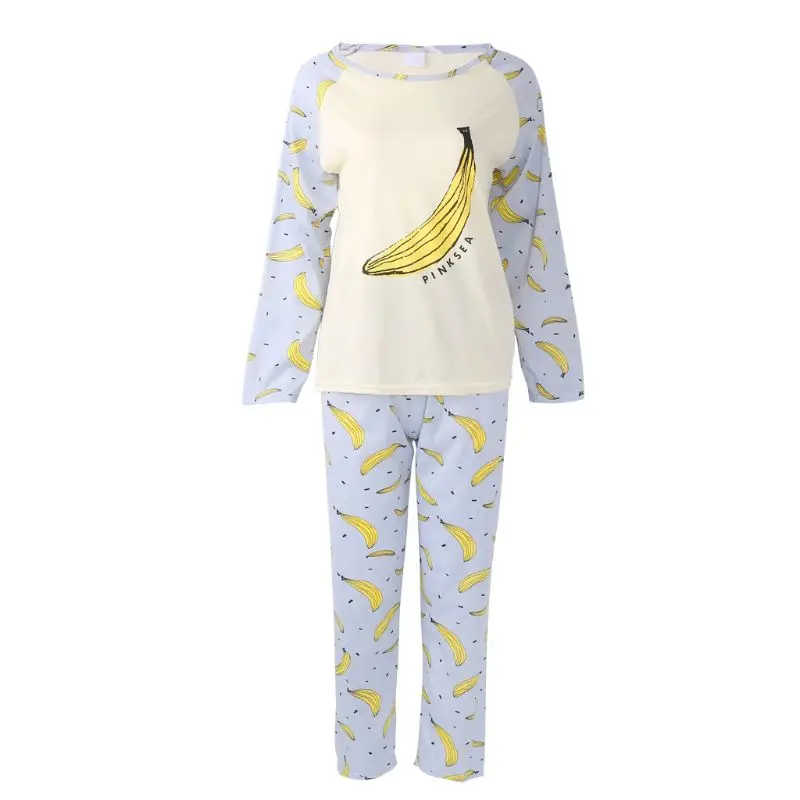 

Womens Sleepwear Round Neck Banana Printed Girls Pajamas Set Long Sleeve Autumn