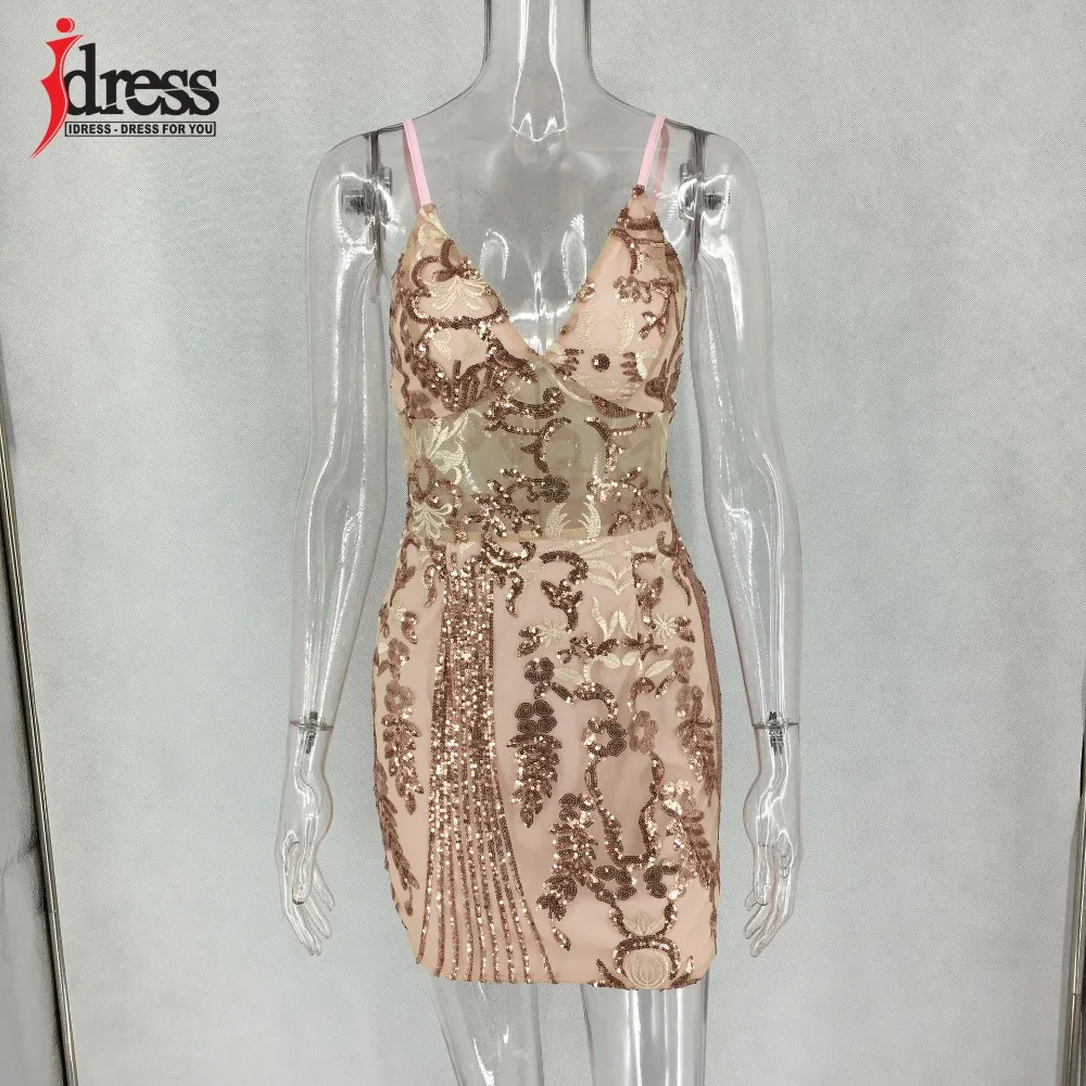 IDress сексуальное прозрачное платье с блестками женское Сверкающее летнее платье с v-образным вырезом элегантное золотисто-красное вечернее платье для ночного клуба миди Vestidos
