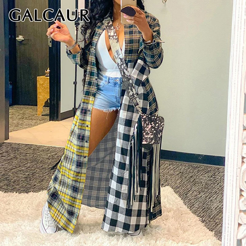 

Повседневное пальто GALCAUR в клетку с цветными блоками для женщин, прямые свободные пальто с отложным воротником и длинным рукавом, женская ос...