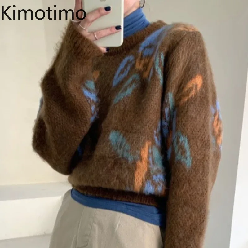 

Женский жаккардовый мохеровый свитер Kimotimo, корейский шикарный винтажный Универсальный пуловер с круглым вырезом, осенне-зимние модные сви...