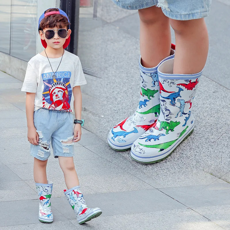 

Rain Boots Children Boy Girl Cute Cartoon Dinosaur Prints Kids Boys Boots Ankle PVC Waterproof Baby Water Shoes Rainboots