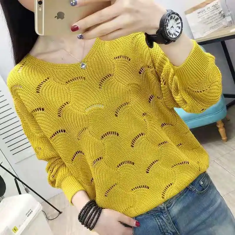 

2021 Summer New Hollow Shirt Korean Style Autumn Knitwear Women's V-neck Loose Long Sleeve Thin Top Outer Wear