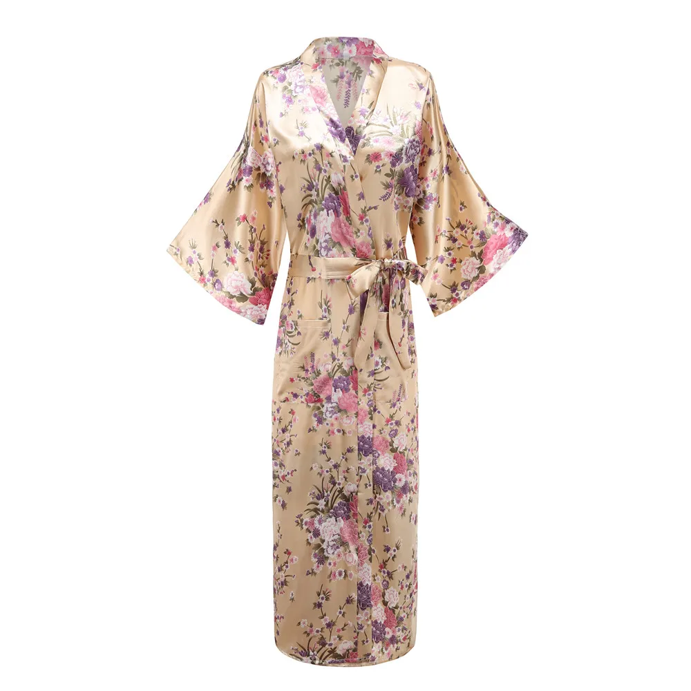 Gold Print Flower Novelty Women Kimono Bathrobe Gown Ultra Long Oversize 3XL Robe Intimate Lingerie Sexy Loose Softy Home Wear | Женская