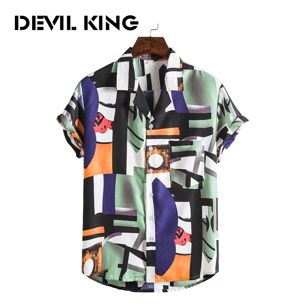 

DEVIL KING Men's New Hawaiian Style Short Sleeved Printed Shirt XH01