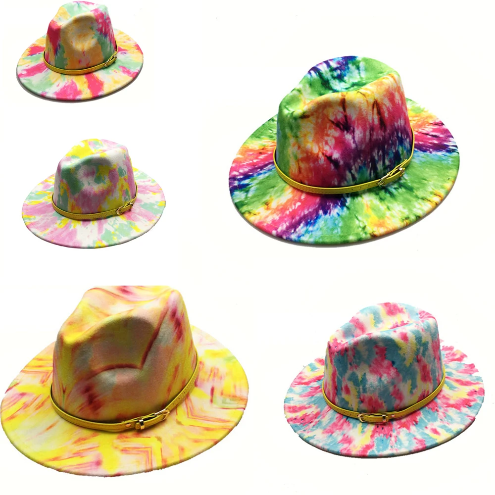 

Tie dyed fedoras fedoras for women hat jazz hat felt hat pearl chain fashion fedora hat cap black wide brim hat western cap