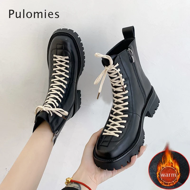 

Women Boots Leather Women Black Ankle Boots Motorcycle Boots Female Spring Autumn Winter Thick Shoes Woman Punk Martin Shoes
