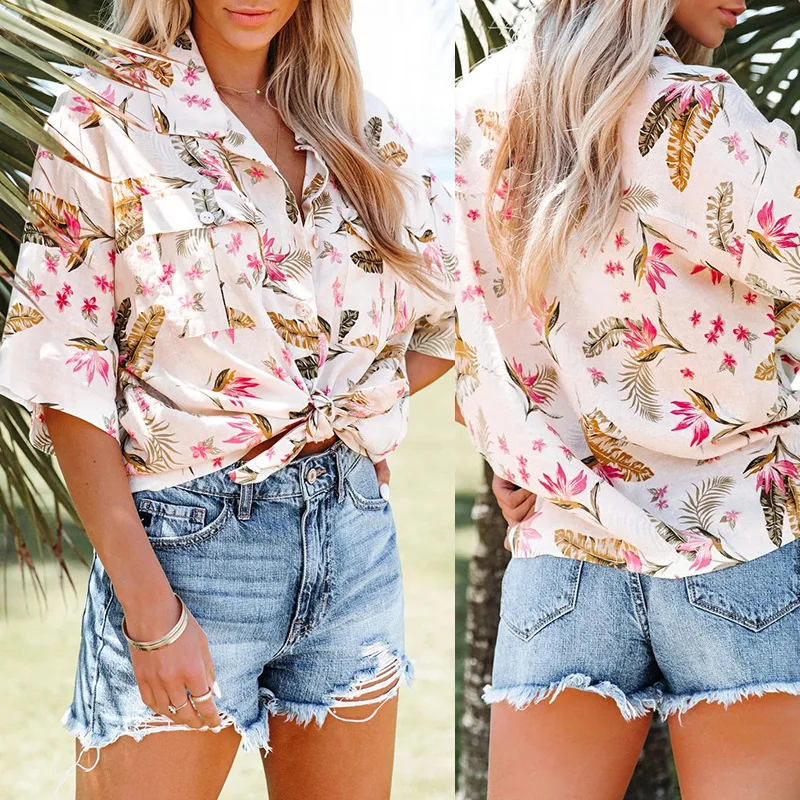 

Women Printed Lapel Middle Sleeve Pocket Single Breasted Casual Loose Shirt Korean Fashion Button Up Shirt Harajuku Polyester