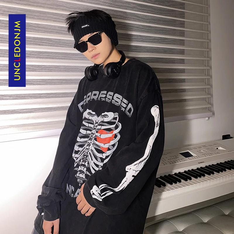 

UNCLEDONJM Skeleton graphic t shirts men clothing oversized t shirt streetwear mens t shirts Tops Tees long sleeve t-shirt