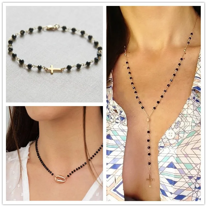 Винтажное ожерелье с крестом Черные Четки из бисера Y-образный чокер изящное и