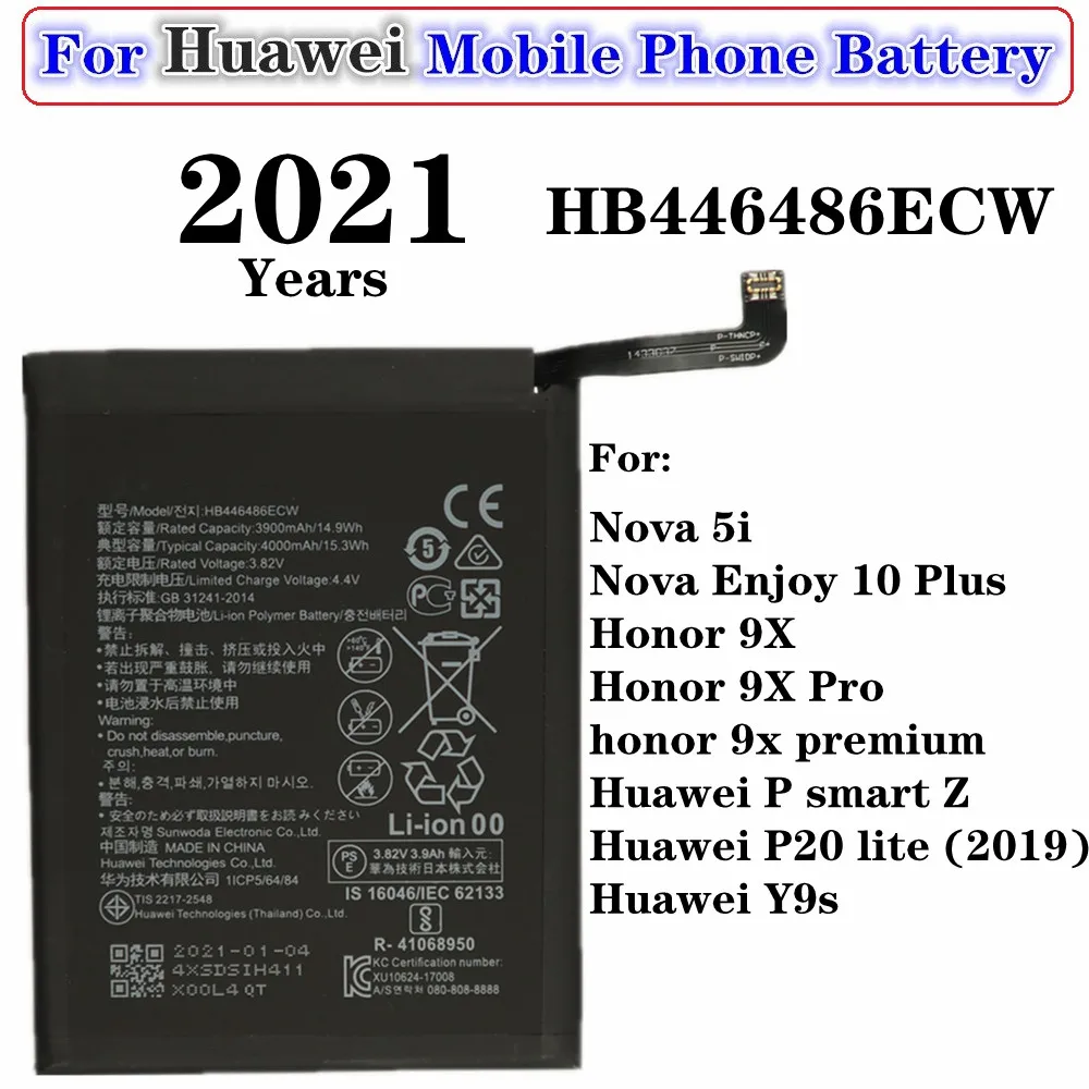 

2021 Year 4000mAh HB446486ECW Battery For Huawei P20 lite/P Smart Z/Y9s,Nova 5i/Enjoy 10 Plus,Honor 9X/Pro/premium Phone Battery
