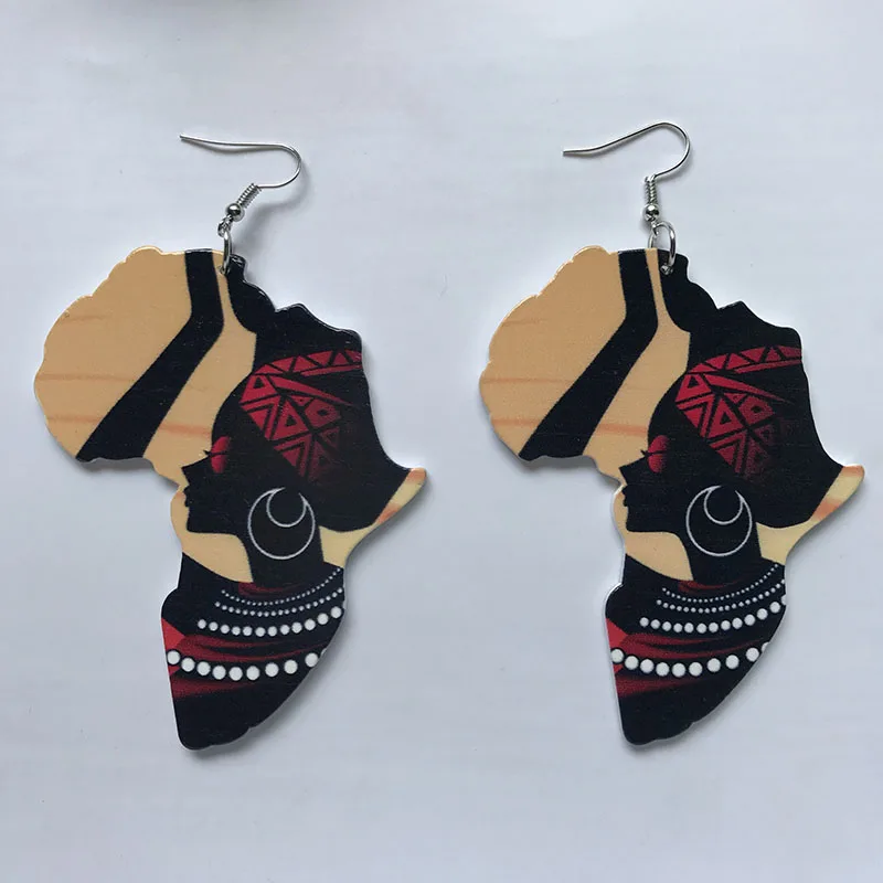 Black Queen Wood Africa Map Ankh Earring Vintage Party African Afro Jewelry Wooden DIY Club Gift