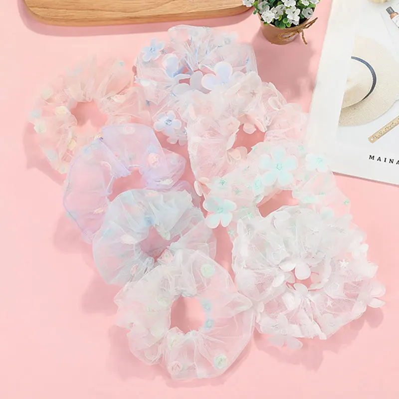 

Резинки для волос женские прозрачные из органзы, милые эластичные заколки для волос в Корейском стиле с цветами, аксессуар для волос