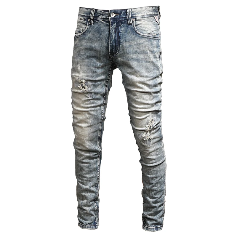 Summer Men's Light Blue Ripped Jeans Vintage Casual Cotton Stretch Slim Fit Denim Pants