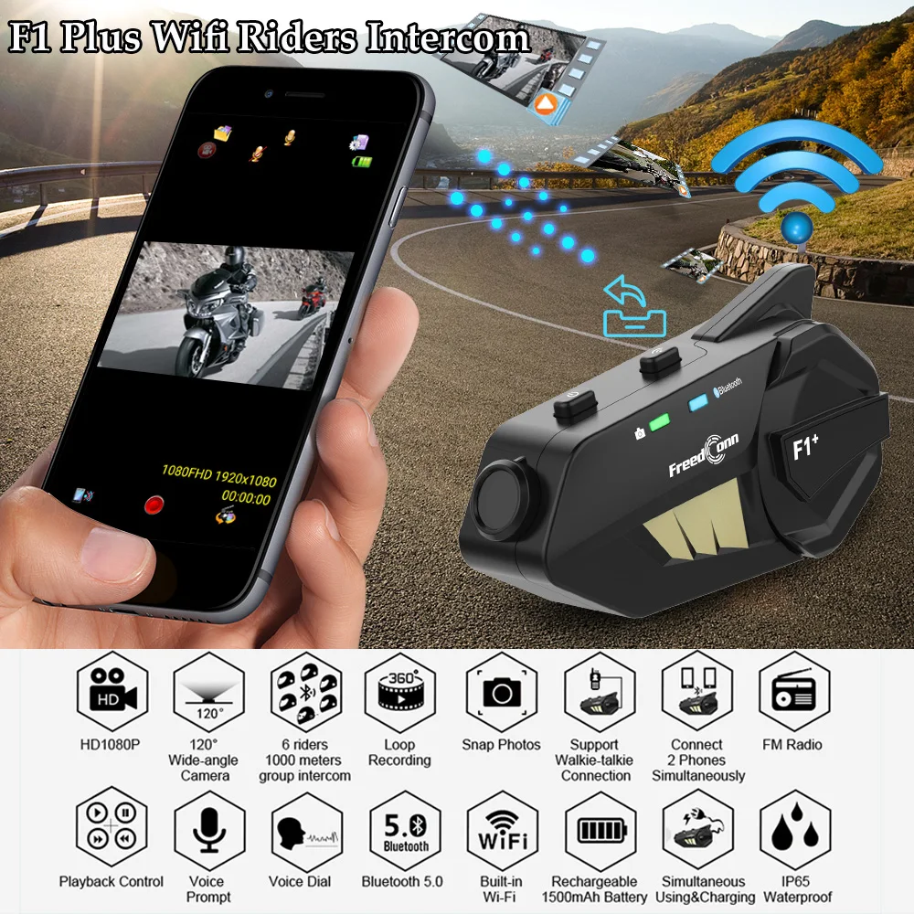 

Мотогарнитура на шлем Freedconn F1 Plus с поддержкой Wi-Fi и видеорегистратором HD 1080P