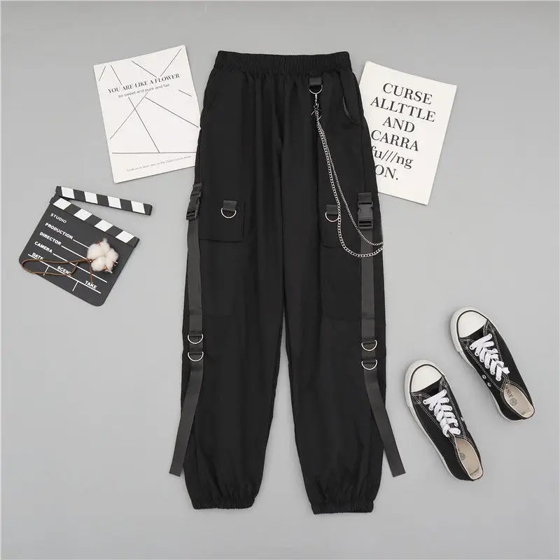 2021 Autumn Chain Cargo Pants Female Streetwear Harajuku Loose T Shirt+Cargo Pants High Waist Handsome Two-piece Suit images - 6