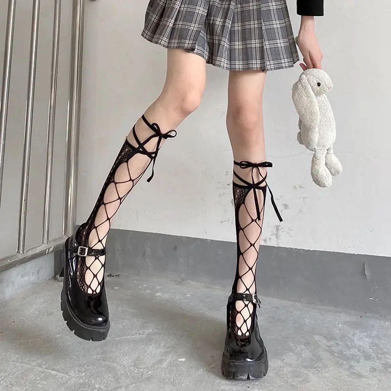 

Lolita Black and White Lace Fishnet Socks Female Japanese Ultra-thin Personality Hollow Knee-length Calf Cute College Style Sexy