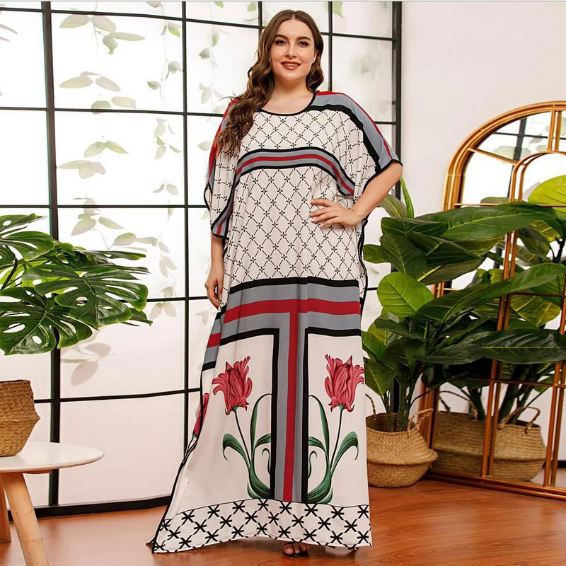 Bat Sleeve Plus Size Women Clothing Large Long Dress Summer 2020 Contrast Color Loose Casual Maxi Dresses Arab Robe Kaftan | Женская