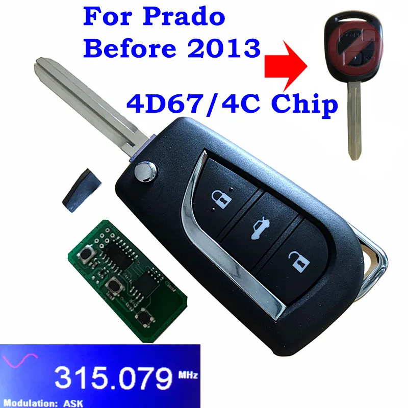 Сменный откидной дистанционный ключ 315 МГц 433 TOY43 Blade 4D67 4C Чип для Toyota Prado 120 RAV4 Kluger FCC